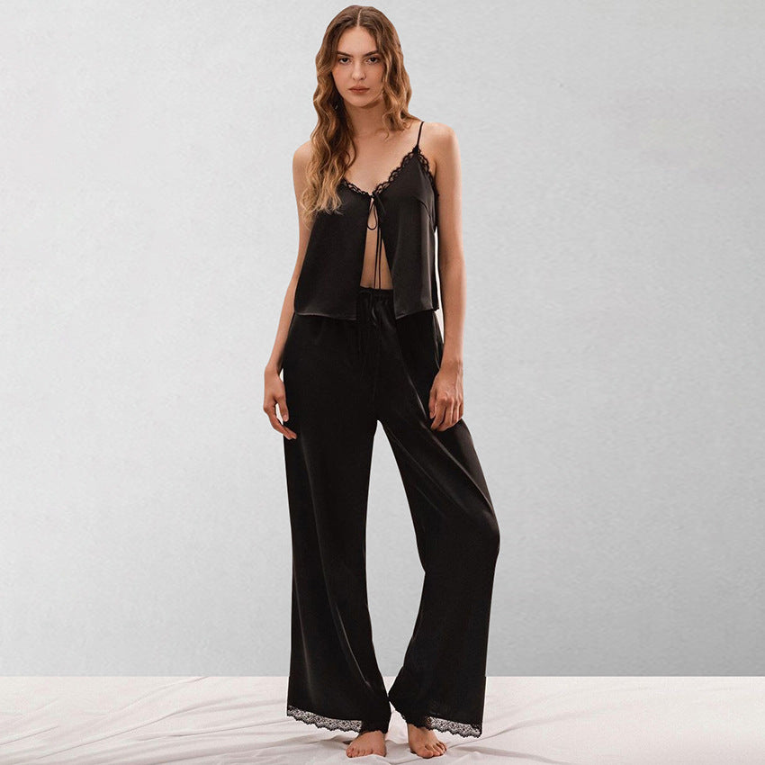 Ensemble Satiné Sexy Noir avec Dentelle et Bretelles