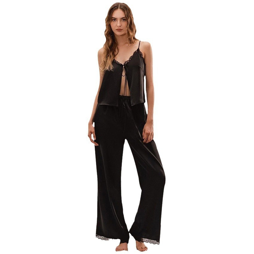 Ensemble Satiné Sexy Noir avec Dentelle et Bretelles