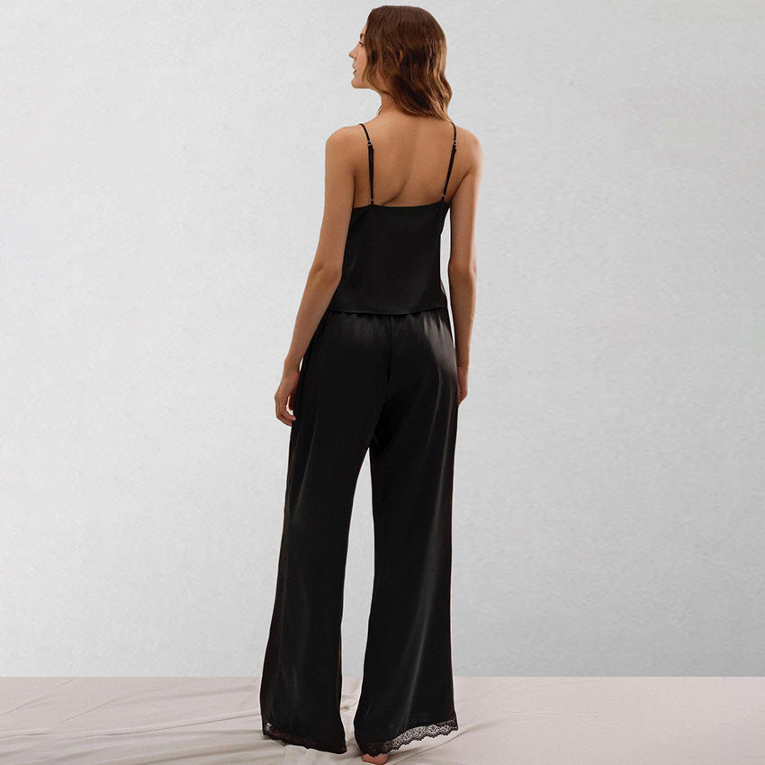 Ensemble Satiné Sexy Noir avec Dentelle et Bretelles