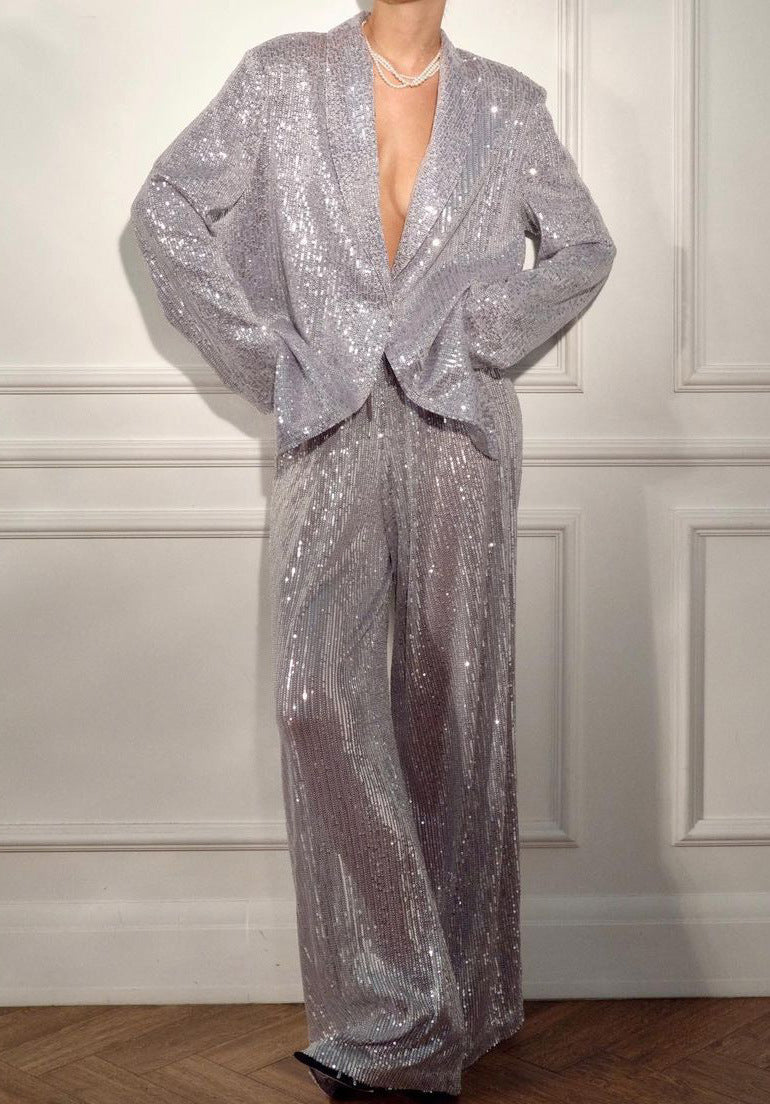 Ensemble Blazer & Pantalon à Sequins – Élégance Décontractée