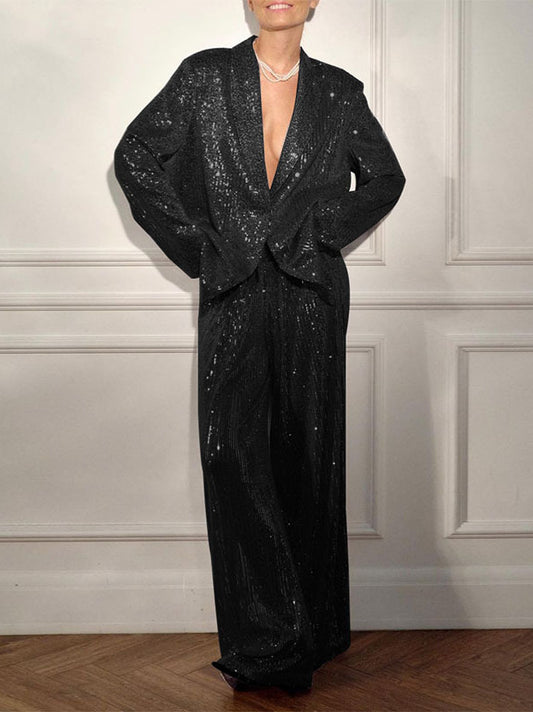 Ensemble Blazer & Pantalon à Sequins – Élégance Décontractée