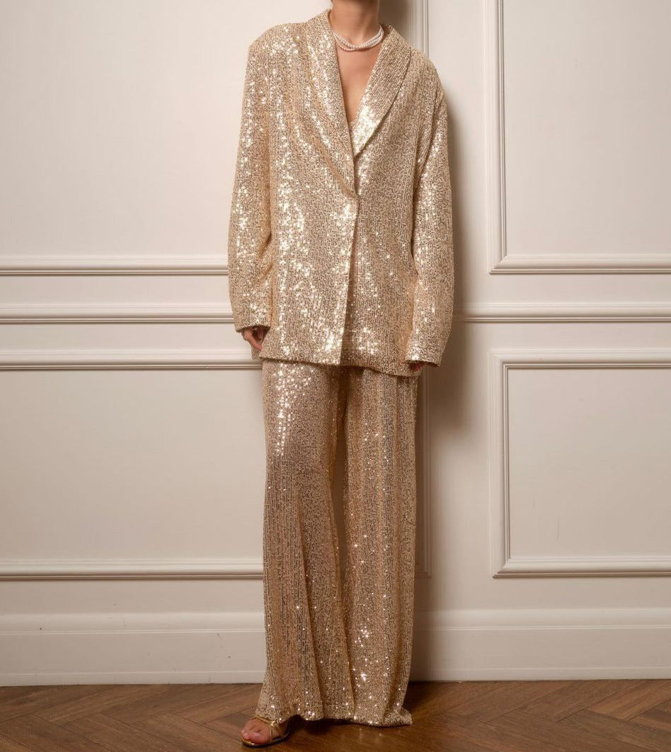 Ensemble Blazer & Pantalon à Sequins – Élégance Décontractée